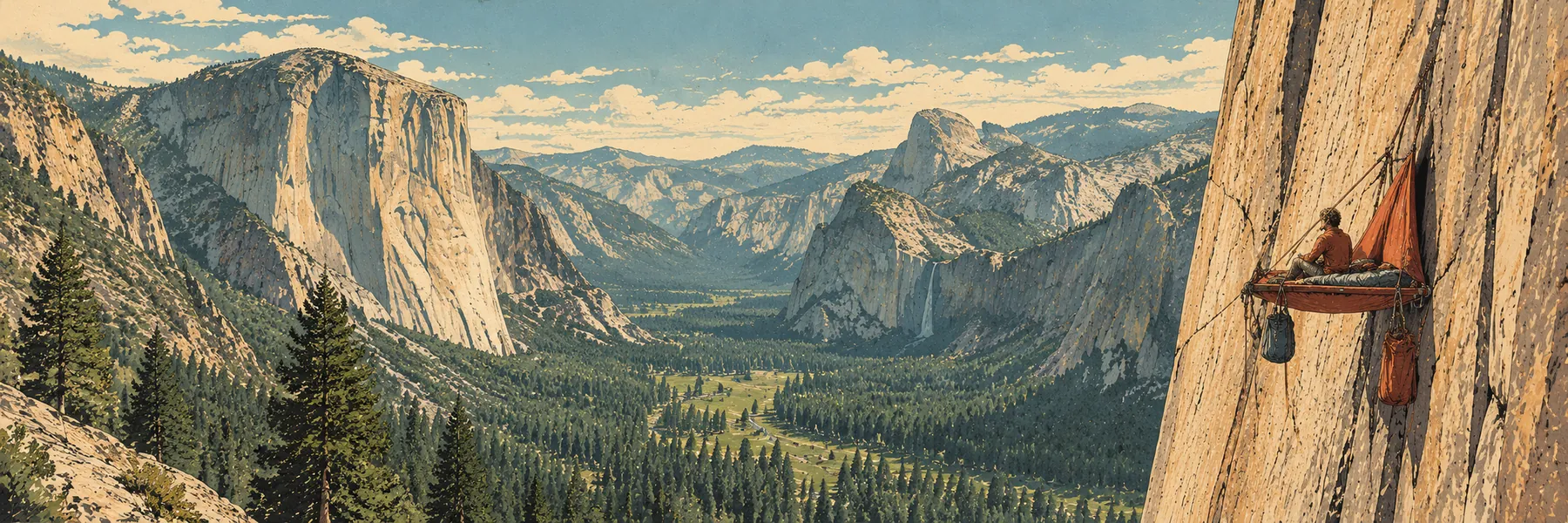 A wide granite valley with a climber resting on a portaledge hanging from the wall.