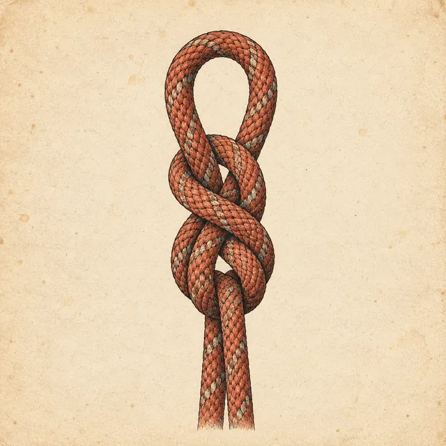 A figure-eight knot tied in red climbing rope.