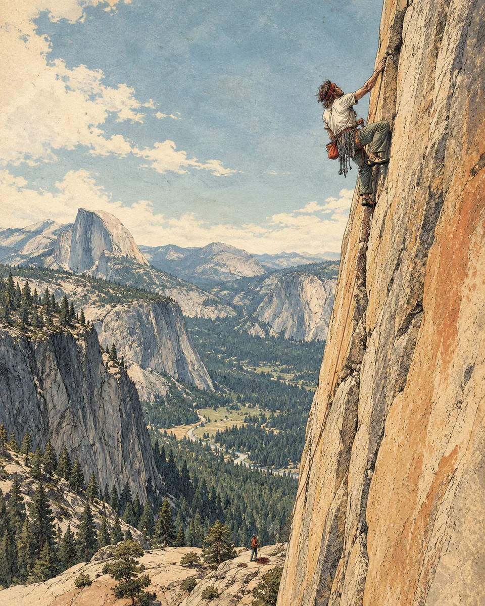 Illustration of a climber high on a sheer granite wall above a forested valley, with a partner belaying far below.