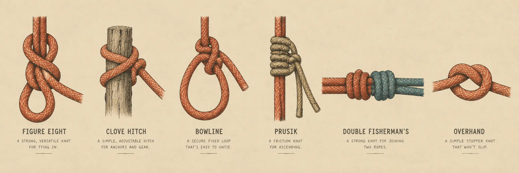 A reference plate of six climbing knots: figure eight, clove hitch, bowline, prusik, double fisherman's and overhand.