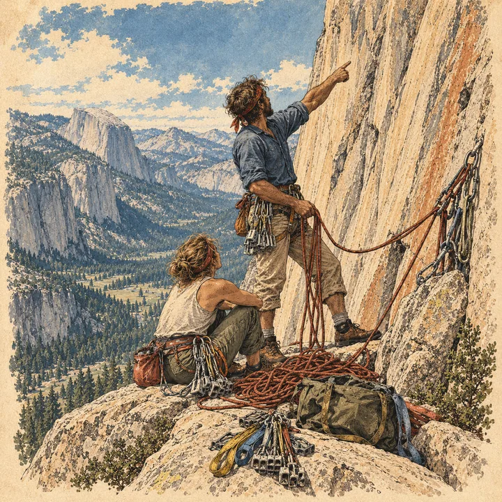 Two climbers on a ledge high above a valley, one standing and pointing up the route, the other sitting with the rope.
