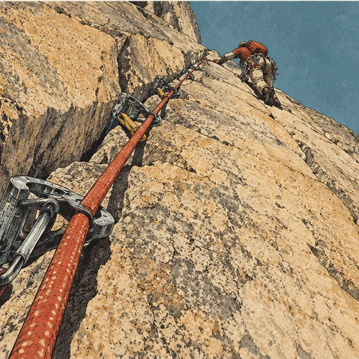 Looking up a granite crack, a red rope clipped through protection pieces to a climber above.
