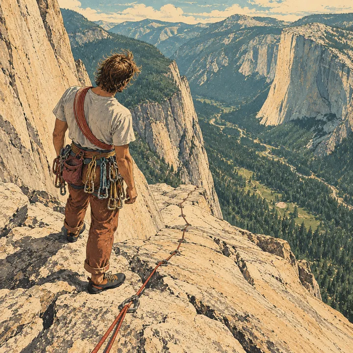 A climber at the top of a wall looking back down the line of rope they climbed, a valley far below.