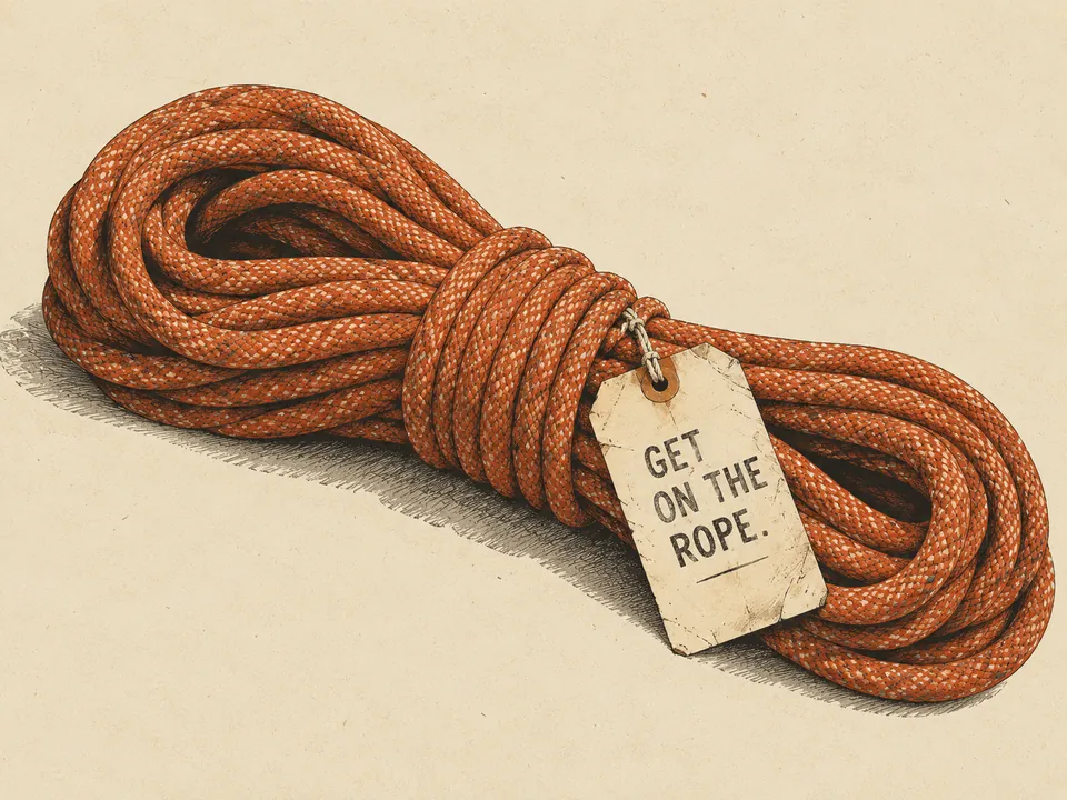 A coil of red rope with a luggage tag that reads get on the rope.
